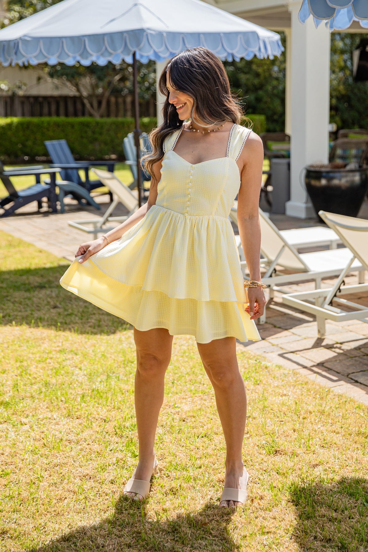 Lemon Picnic Yellow Gingham Tiered Mini Dress